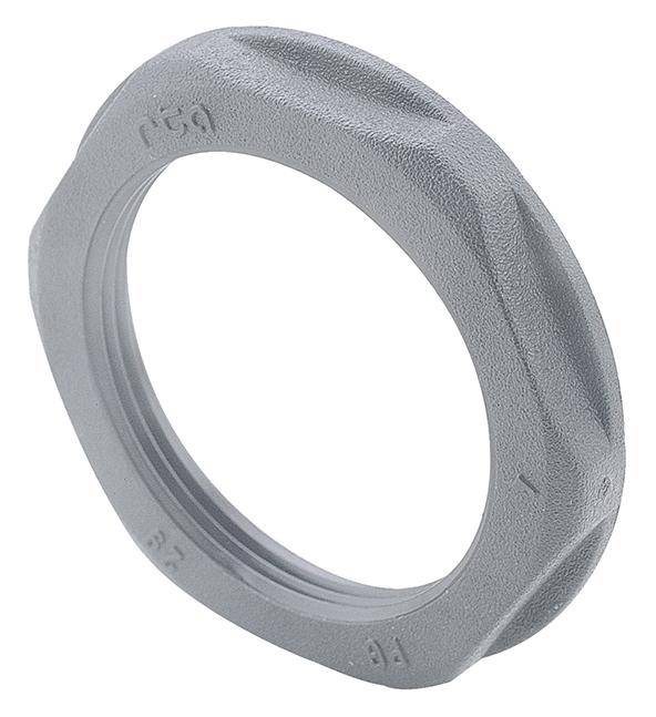 Eine graue, runde Mutter aus Metall mit Rillen auf der Oberfläche. Sie dient zur Sicherung von Bauteilen in mechanischen Anwendungen.