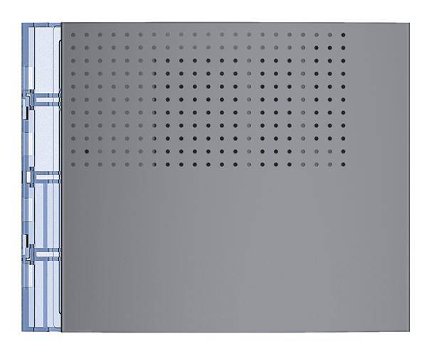 Metallblech mit quadratischen Lochmustern auf grauem Hintergrund, links ein schmaler blauer Bereich.