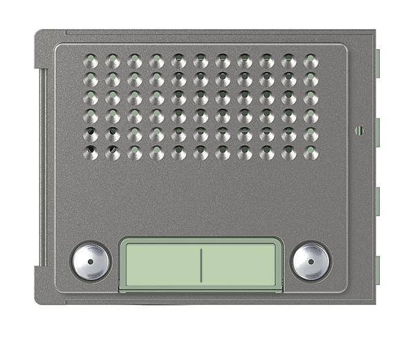 Ein silbernes Gerät mit zwei Tasten und zahlreichen Löchern oben. Möglicherweise ein Lautsprecher oder eine Gegensprechanlage.