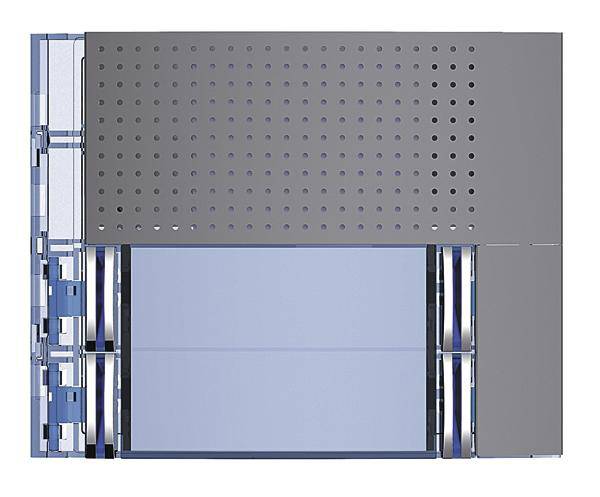 Eine technische Zeichnung zeigt ein Kühlgerät von oben mit perforierter Abdeckung, Belüftungsschlitzen und blauer Innenstruktur.