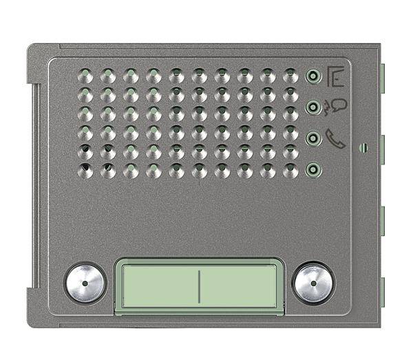 Gegensprechanlage mit Lautsprechergitter, Mikrofon-Symbol, Telefonhörer-Symbol, zwei Tasten und grüner Leuchte zum Anzeigen des Status.