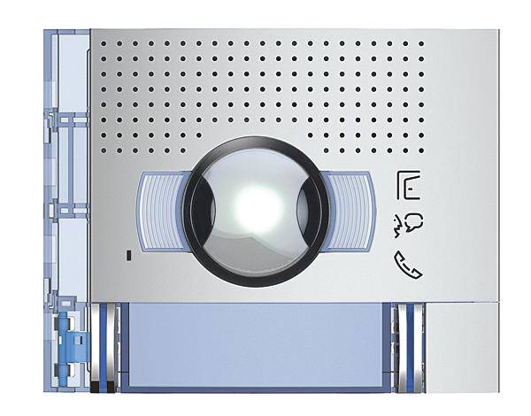 Eine silberne Gegensprechanlage mit Lautsprecher, Kamera und Klingelknopf. Piktogramme für Sprache und Hörer sind abgebildet.