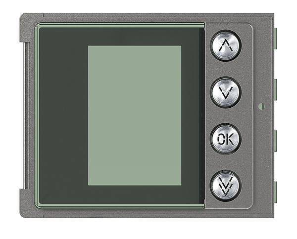 Ein graues Bedienfeld mit einem Display links und vier runden silbernen Knöpfen rechts, die mit Symbolen beschriftet sind (Pfeile nach oben und unten, 'OK', Menüsymbol).