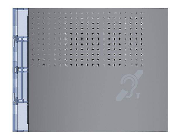 Grau-blauer elektrischer Schaltschrank mit Lüftungsschlitzen auf der Vorderseite. Rechts unten ist ein abgerundetes Symbol zu sehen.