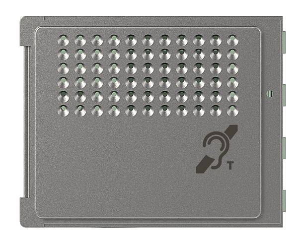 Metallschild mit Punktraster und Symbol für Hörgeschädigte, das ein Ohr mit einer Linie durchgestrichen darstellt.