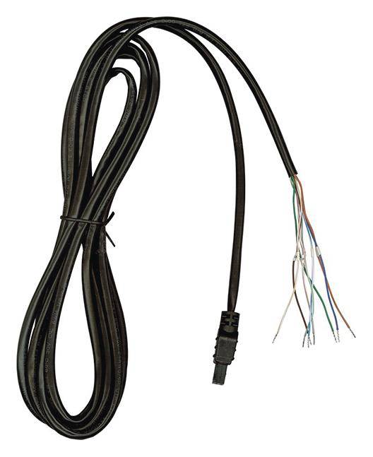 Ein schwarzes Kabel mit Steckverbinder auf einer Seite; die andere Seite zeigt mehrere freiliegende, farbige Drähte.