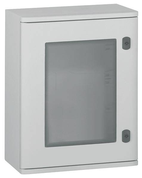 Metallene Wandschranktür mit Sichtfenster. Tür hat zwei Verschlüsse. Geeignet zur sicheren Aufbewahrung von Geräten oder Dokumenten.