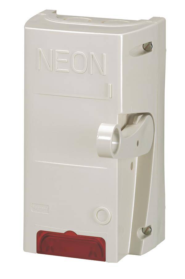 Ein weißer, rechteckiger Kunststoffschalter mit der Aufschrift 'NEON' und einem roten Lichtelement unten.