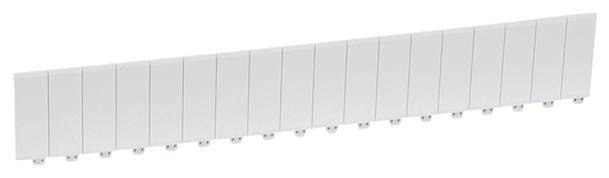 Weiße Kunststoffleiste mit mehreren gleichmäßigen Segmenten und kleinen Befestigungsschrauben darunter.