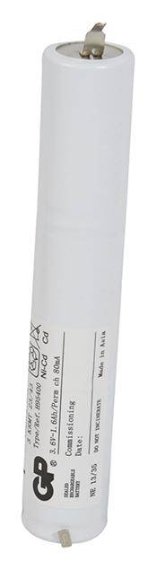 Weiße zylindrische Batterie mit Metallkappen oben und unten. Aufdruck enthält Spezifikationen: 'Nickel-Cadmium Rechargeable'.