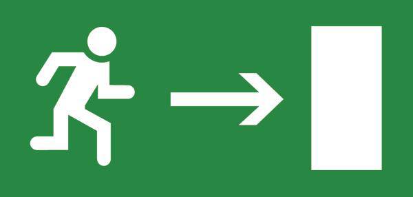 Ein Piktogramm zeigt eine Person, die nach rechts zu einer Tür läuft. Das Bild symbolisiert einen Fluchtweg.