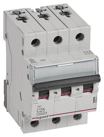 Dreipoliger Leistungsschalter mit der Aufschrift 'C25' und 'legrand', für den Schutz elektrischer Schaltkreise.