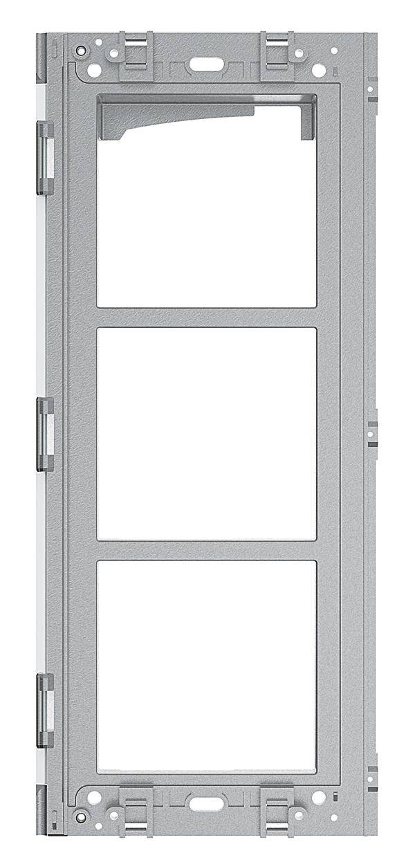 Ein grauer Metallrahmen mit drei rechteckigen Ausschnitten, die als Öffnungen oder Fenster genutzt werden können.