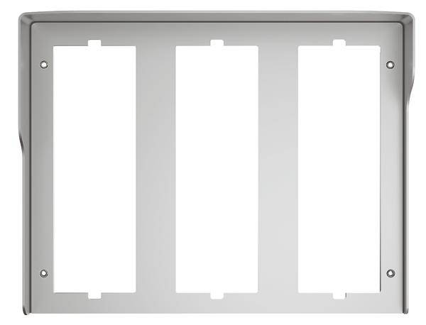 Ein rechteckiges, silbernes Metallplatte mit drei vertikalen Aussparungen. Sie wird vermutlich als Halterung oder Rahmen verwendet.