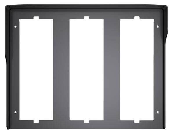 Ein rechteckiger Rahmen aus dunklem Material, in drei vertikale Abschnitte unterteilt, möglicherweise zur Befestigung von Komponenten.