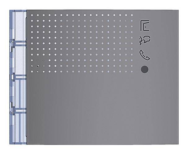 Metallplattenabdeckung mit Lochmuster und Symbolen für Dateien, Chat, Kontakte und Lautstärke auf grauer Oberfläche.