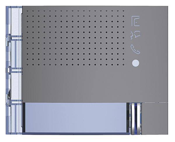 Graues elektronisches Gerät mit Lautsprechergittern und Symbolen für Nachrichten, Telefon, und Klingel auf der oberen rechten Ecke.