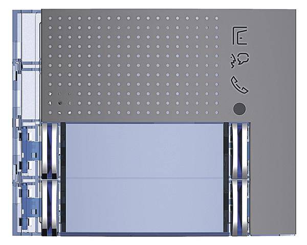 Graues Bedienfeld mit Tasten für Telefon, Internet und Videoüberwachung. Links sind transparente Kabelkanäle sichtbar.