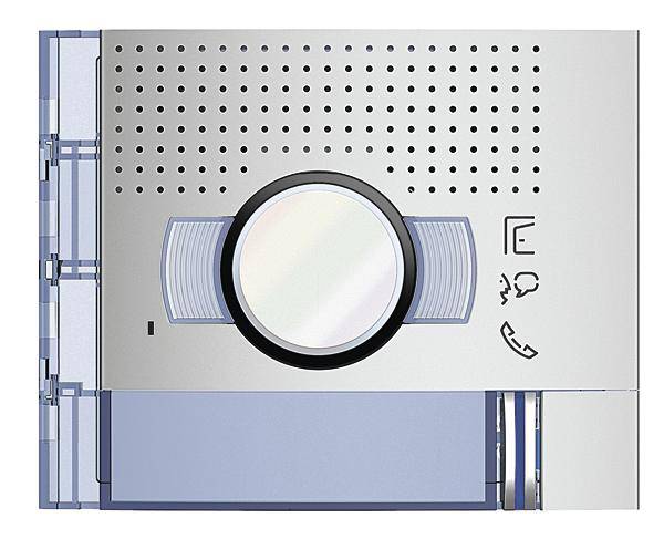 Ein digitales Türsprechanlagendisplay mit Lautsprecher und Mikrofonanzeige. Zeigt Funktionselemente für Anrufannahme und Einstellungen.