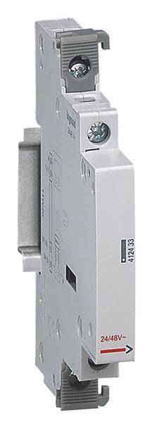 Ein graues elektrisches Modul mit der Aufschrift '24/48V'. Es hat Schraubklemmen oben und unten und dient zur Montage auf einer Schiene.