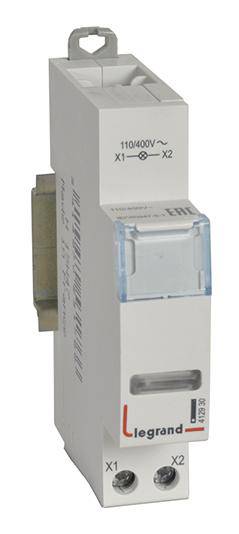 Ein einpoliger elektrischer Schalter von Legrand mit 110/400V. Er hat zwei Schraubanschlüsse unten, markiert mit 'X1' und 'X2'.
