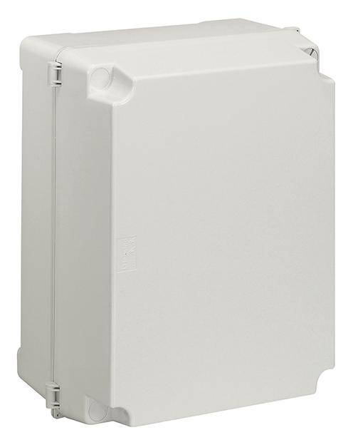 Ein grauer, rechteckiger Schutzkasten mit abgerundeten Kanten und zwei Scharnieren an der Seite. Verwendet für elektrische Komponenten.