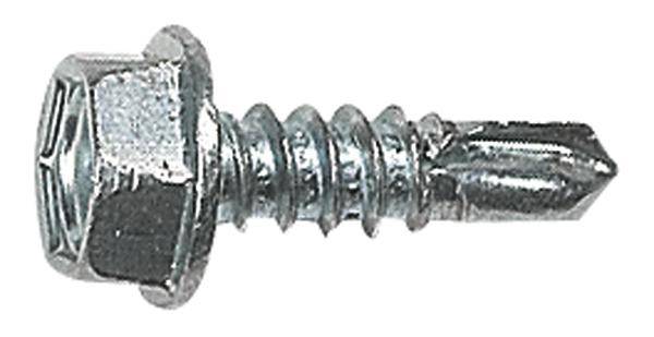 Metallschraube mit Sechskantkopf und scharfer Spitze, geeignet für Metallverbindungen. Glänzende Oberfläche, leicht zu halten.