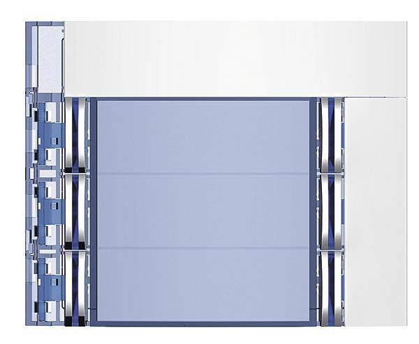 Querschnitt eines Luftauslasses mit mehreren Blenden und blauen Lamellen, die Luftzirkulation in einem Lüftungssystem darstellen.