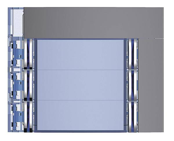 Technische Zeichnung eines elektrohydraulischen Treppensteigers mit blauen Stufen und grauen Seitenleisten, seitliche Ansicht.