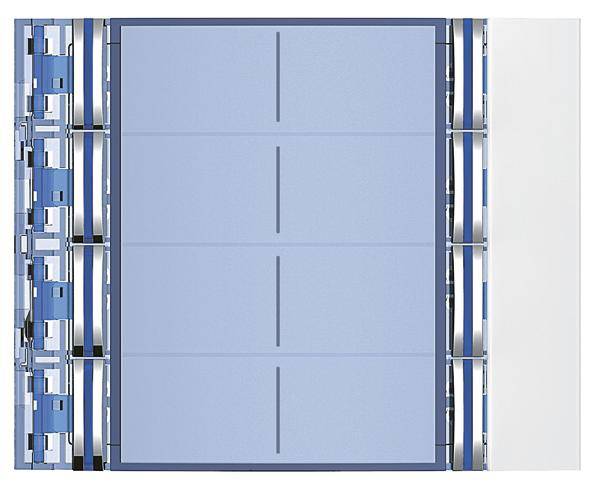 Technische Zeichnung eines blauen, rechteckigen Schemas mit mehreren vertikalen und horizontalen Linien, umgeben von blauen und weißen Elementen.