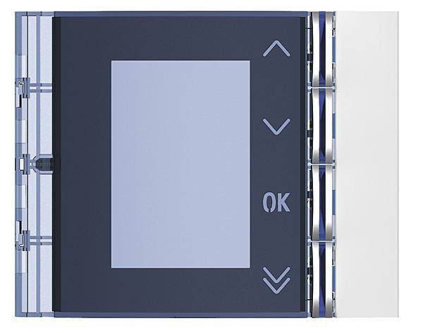 Ein schwarzes Display mit einem großen grauen Quadrat, zwei Pfeilen nach oben und unten und der Aufschrift 'OK' rechts vom Quadrat.