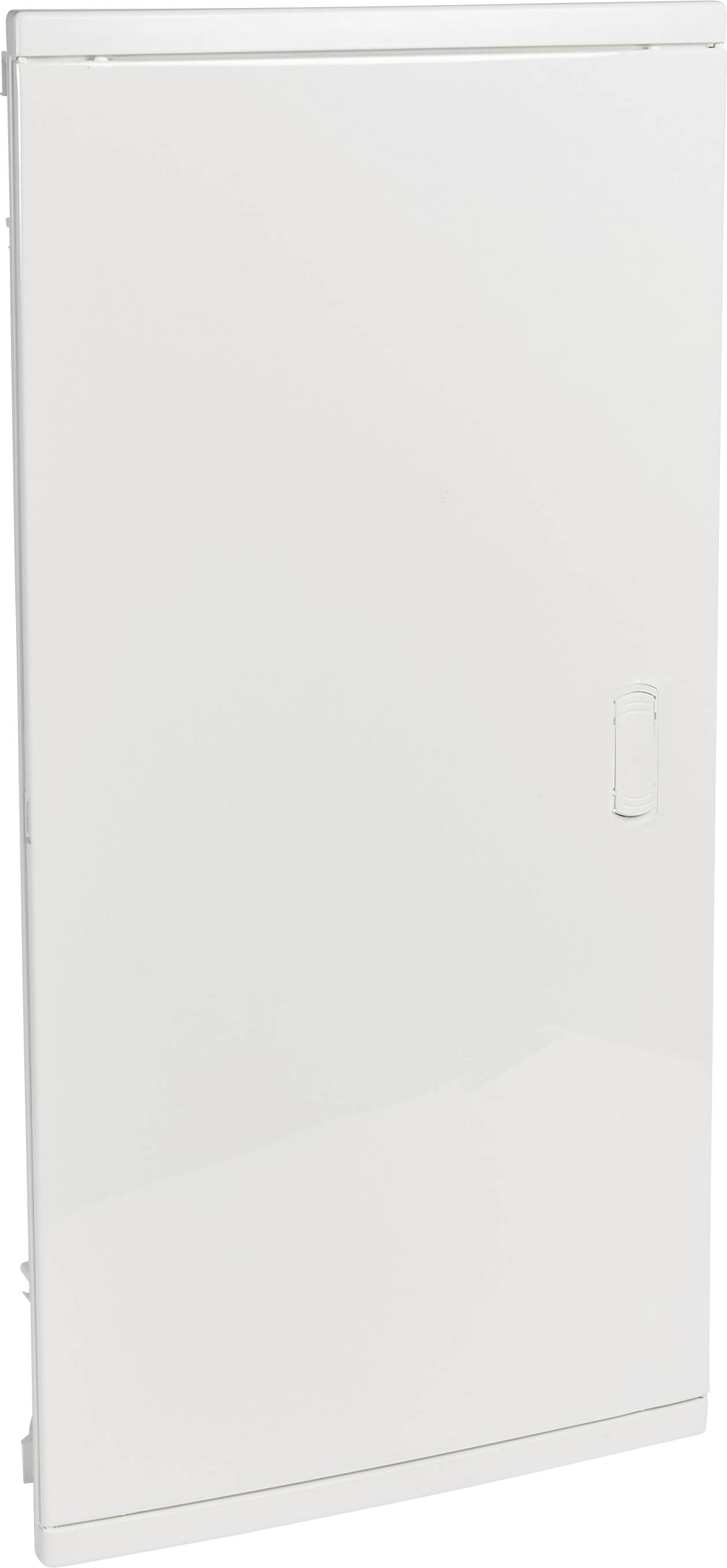 Weiße Tür mit einfachem Design, vertikal positioniert, mit eingelassener Griffmulde auf der rechten Seite.