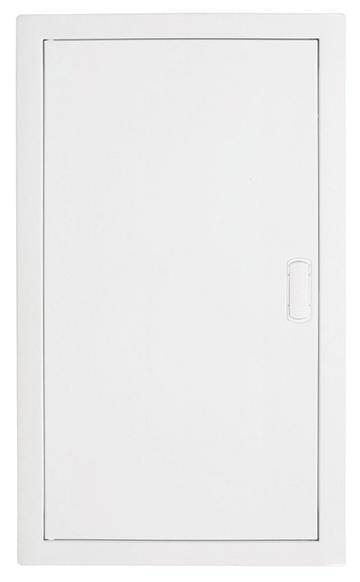 Weiße, geschlossene Tür mit rechteckigem Griff, keine sichtbaren Details oder Beschriftungen.