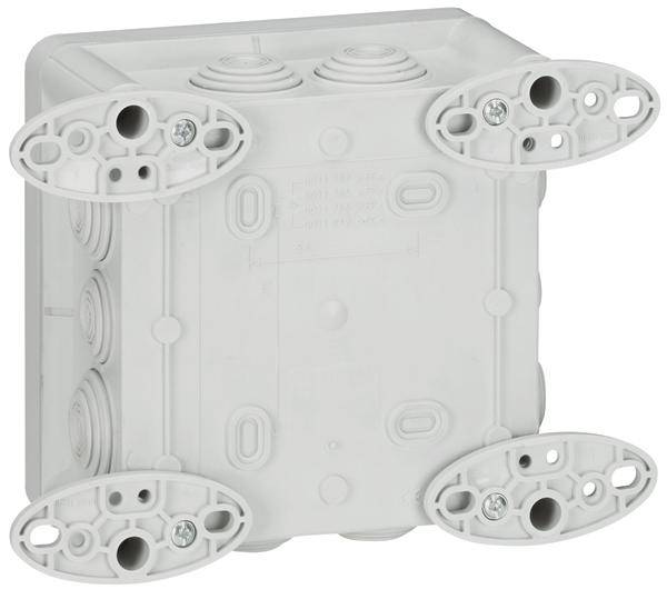 Weiße Verbindungsklemme mit mehreren Eingängen und Schrauben, für Elektroinstallationen geeignet.