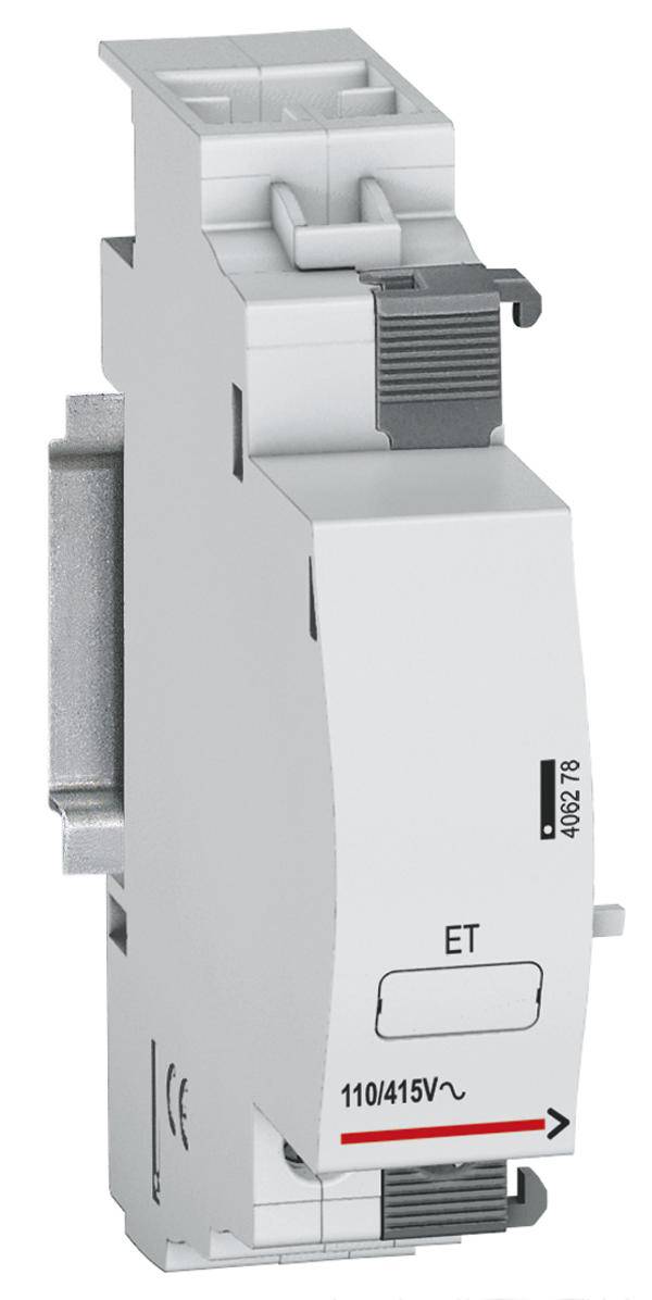 Ein weißes, schmal geformtes elektrisches Modul ist zu sehen, gekennzeichnet mit 'ET' und Spannung '110/415V'. Es hat Anschlüsse oben und unten.