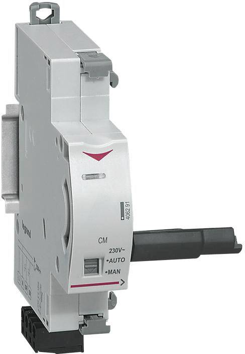 Ein elektronisches Gerät mit einem Hebel an der Seite. Auf der Vorderseite sind die Einstellungen 'AUTO' und 'MAN' mit 230V markiert.