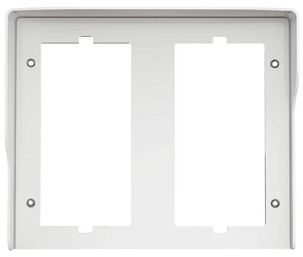 Doppelrahmen aus weißem Kunststoff mit zwei rechteckigen Ausschnitten und vier Schraublöchern, geeignet für Wandmontage von Geräten.