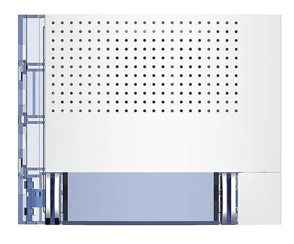 Ein technisches Diagramm zeigt die Seitenansicht eines rechteckigen Metallgehäuses mit perforiertem Oberteil und Glaselement.