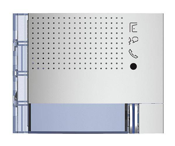 Metallische Gegensprechanlage mit Lautsprechergittern und Symbolen auf der rechten Seite.