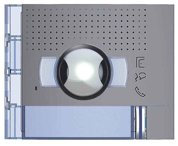 Gegensprechanlage: Zeigt Mikrofon, Lautsprecher, und Symbole für Anrufen, Sprechen und Hören. Hauptknopf zentral.