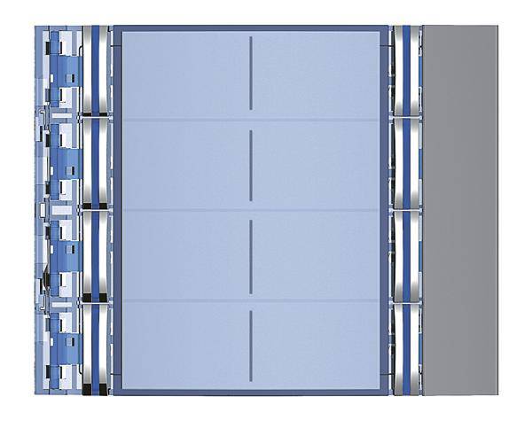 Ein Querschnitt einer Batterie mit blauen und grauen Komponenten, der die interne Struktur und Anordnung der Zellen zeigt.