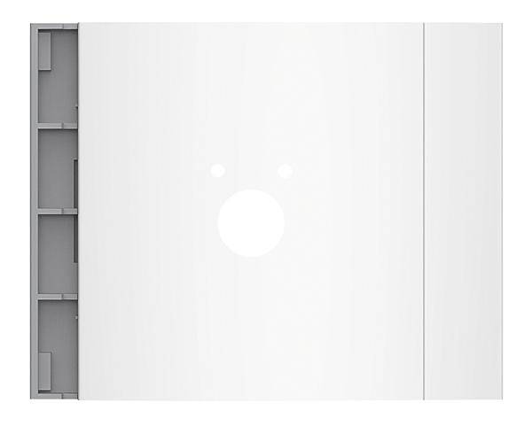 Ein weißer Lichtschalter mit einem runden Druckknopf in der Mitte, eingebaut in eine graue Wandhalterung links. Minimalistisches Design.