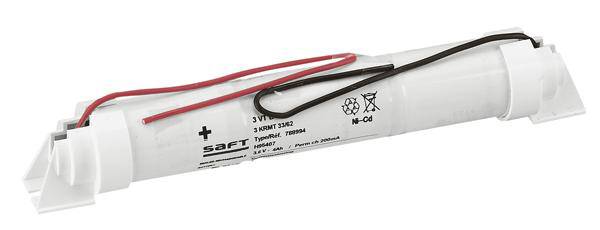 Zylinderförmige Batterie mit Kabeln in Rot und Schwarz. Aufdruck zeigt Plus- und Minus-Symbole und technische Spezifikationen.