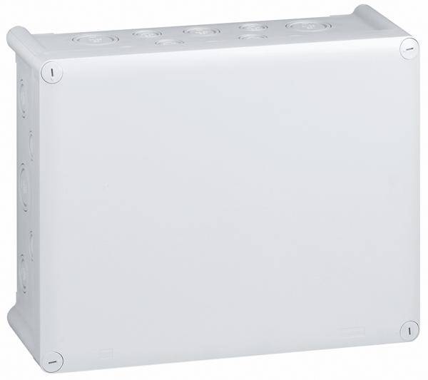 Eine rechteckige, graue Abzweigdose mit glattem Design. Sie hat runde Aussparungen an den Seiten für Kabel und Anschlüsse.