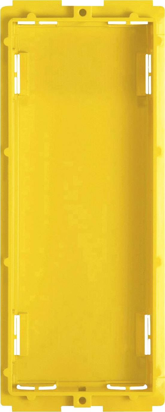 Ein rechteckiger, gelber Montage- oder Anschlussrahmen, möglicherweise für elektrische oder elektronische Paneele oder Geräte.