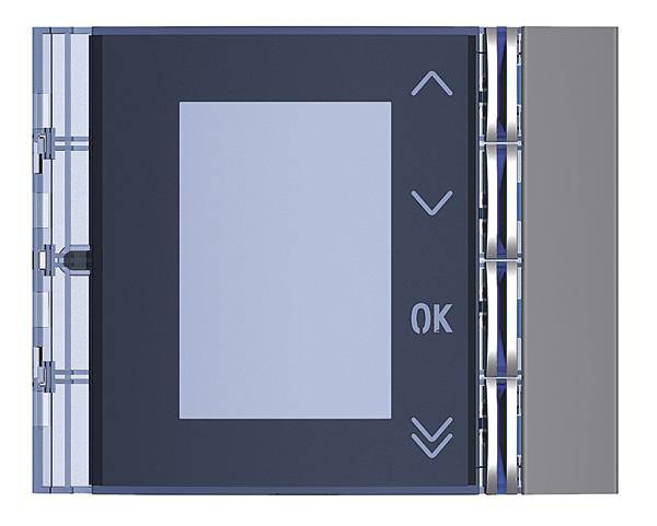 Schalter mit digitalem Display, zwei Pfeiltasten und einer 'OK'-Taste, ermöglicht Einstellungen an elektrischen Geräten.