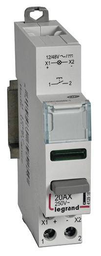 Industrieschütz, vertikale Ansicht, mit grauem Gehäuse und beschriftet mit '20A X, 250V~', Markenname 'legrand', Anschlussklemmen unten.