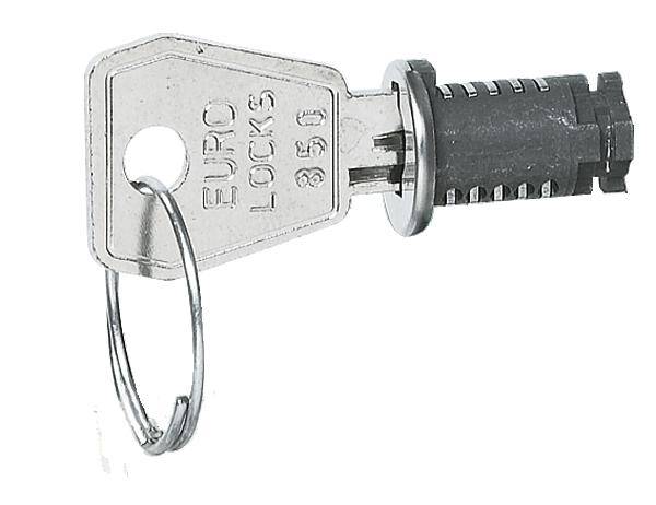 Ein silberner Schlüssel steckt in einem schwarzen Zylinderschloss. Auf dem Schlüssel steht 'EURO LOCKS 350'.