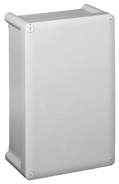 Ein rechteckiger, grauer Kunststoffkasten mit abgerundeten Ecken. Geeignet für den Einsatz als Schutzgehäuse in elektrischen Installationen.