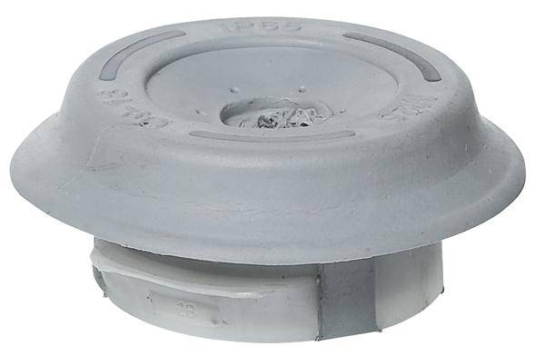 Ein grauer Kunststoff-Stecker mit runder Form und der Aufschrift 'IP55', geeignet zur Abdeckung von Öffnungen in elektrischen Geräten.
